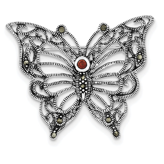 Sterling Silver Marcasite Red CZ Butterfly Pin