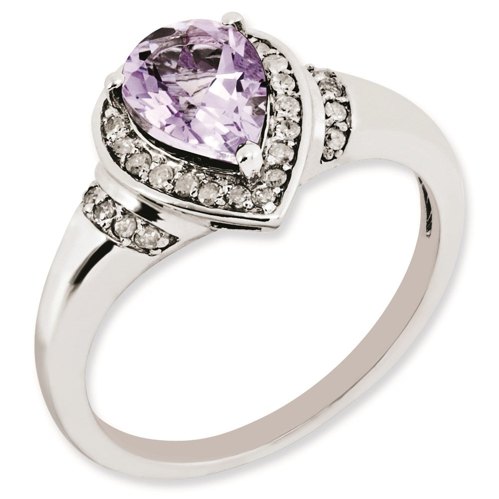 Sterling Silver Rhodium-plated Diamond & Pink Quartz Ring