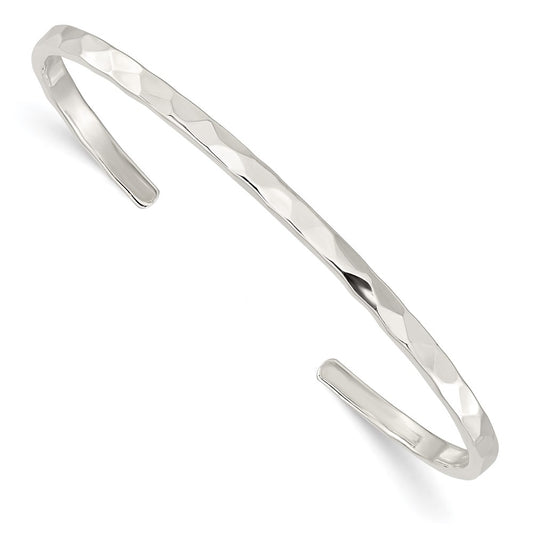 Sterling Silver Polished Hammered Cuff Bangle 8 inches