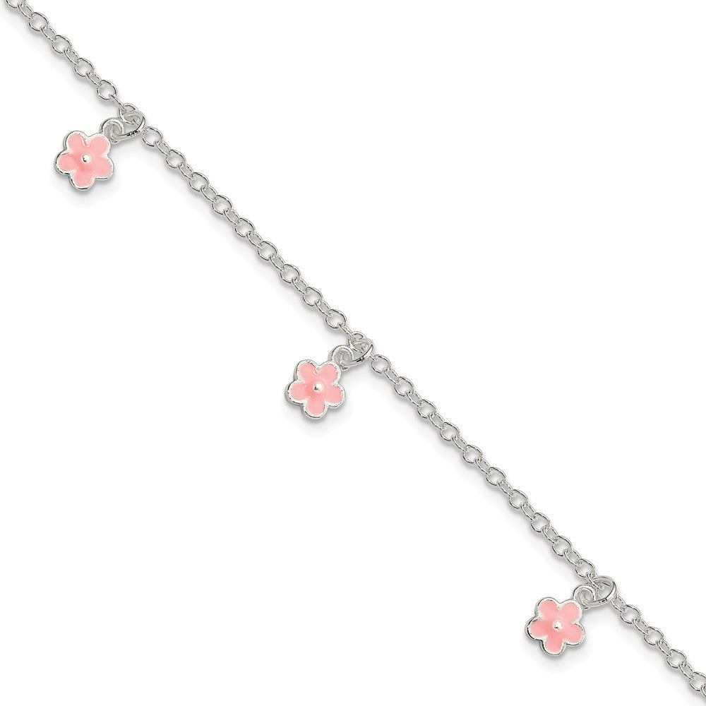 Sterling Silver Polished Pink Enamel Flowers w/1.5in Ext Children's Bracele 7 inches