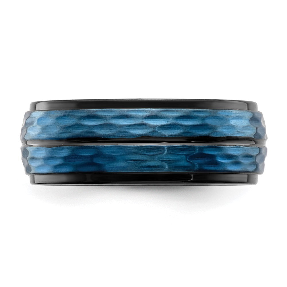 Stainless Steel Brushed and Polished Black/Blue IP-plated 8mm Band Size - 7.5