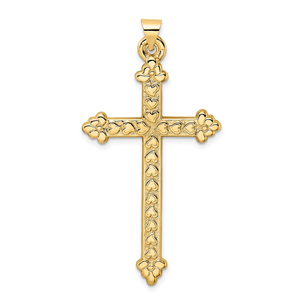 14k Polished and Textured Hollow Hearts Cross Pendant