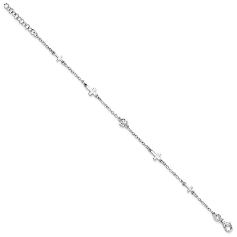 Sterling Silver Rhodium-plated CZ Cross w/ 1in ext. Bracelet 7  inches