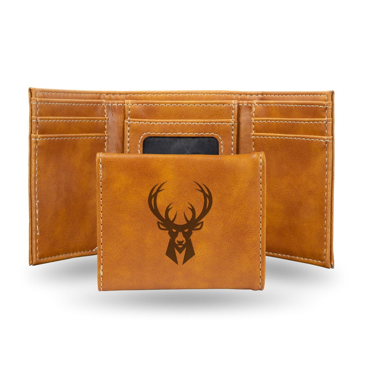 Basketball Rico Industries Milwaukee Bucks Brown Laser Engraved Trifold Laser Engraved Tri-Fold Wallet - Men's Accessory