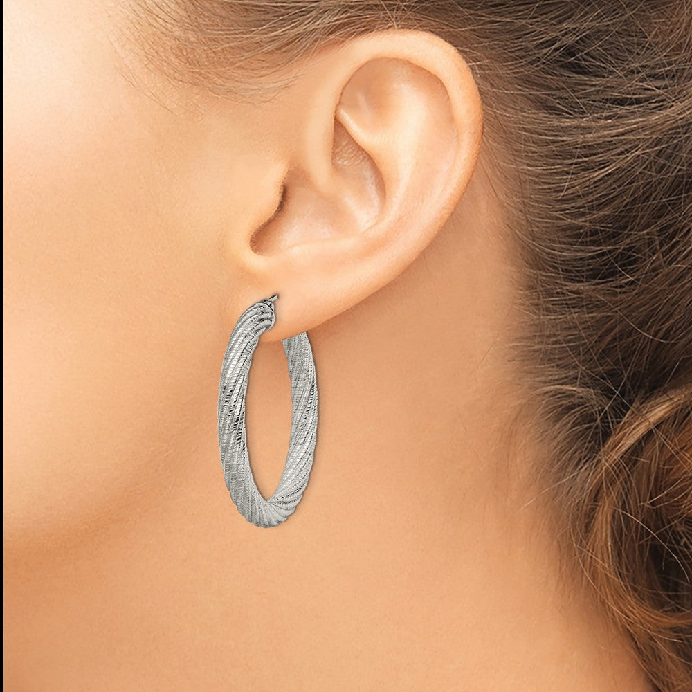 Stainless Steel Polished and Textured Hollow Hoop Earrings