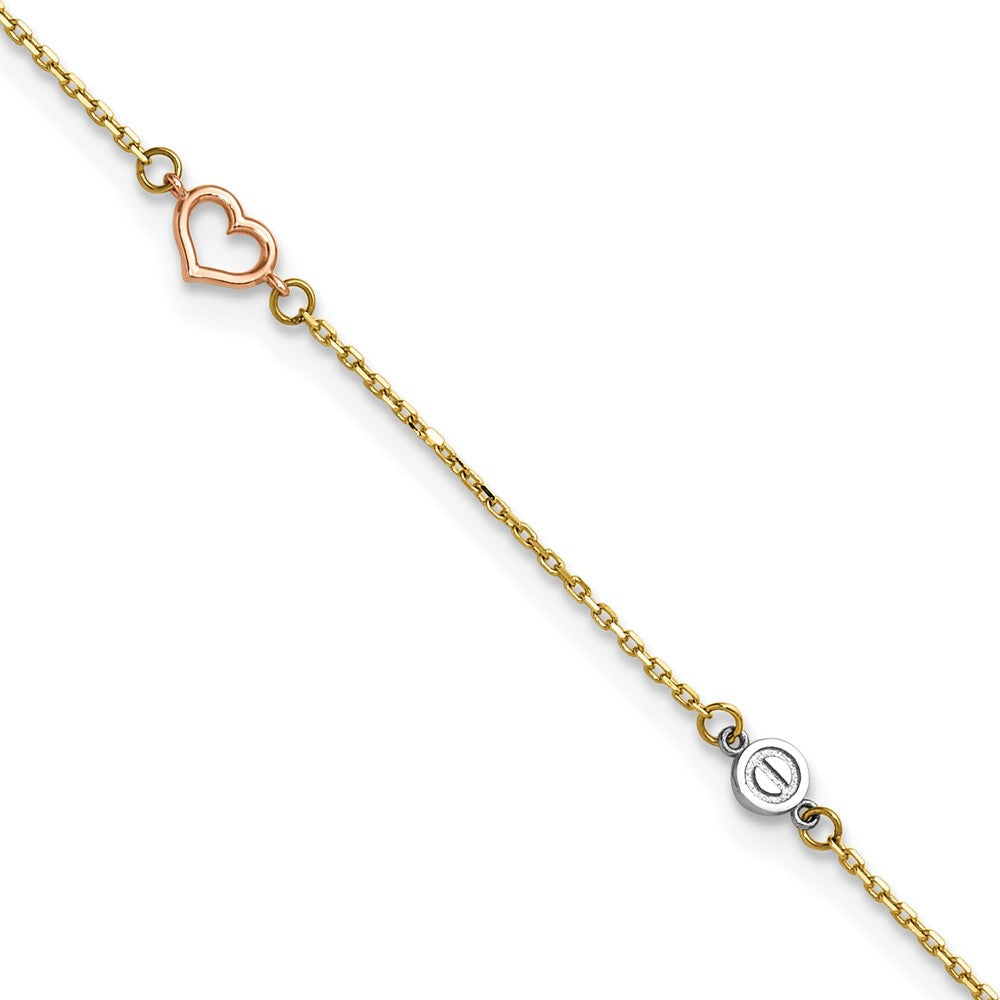14k Tri-color Polished Hearts and Circles 9 inch with 1 inch Extender Anklet