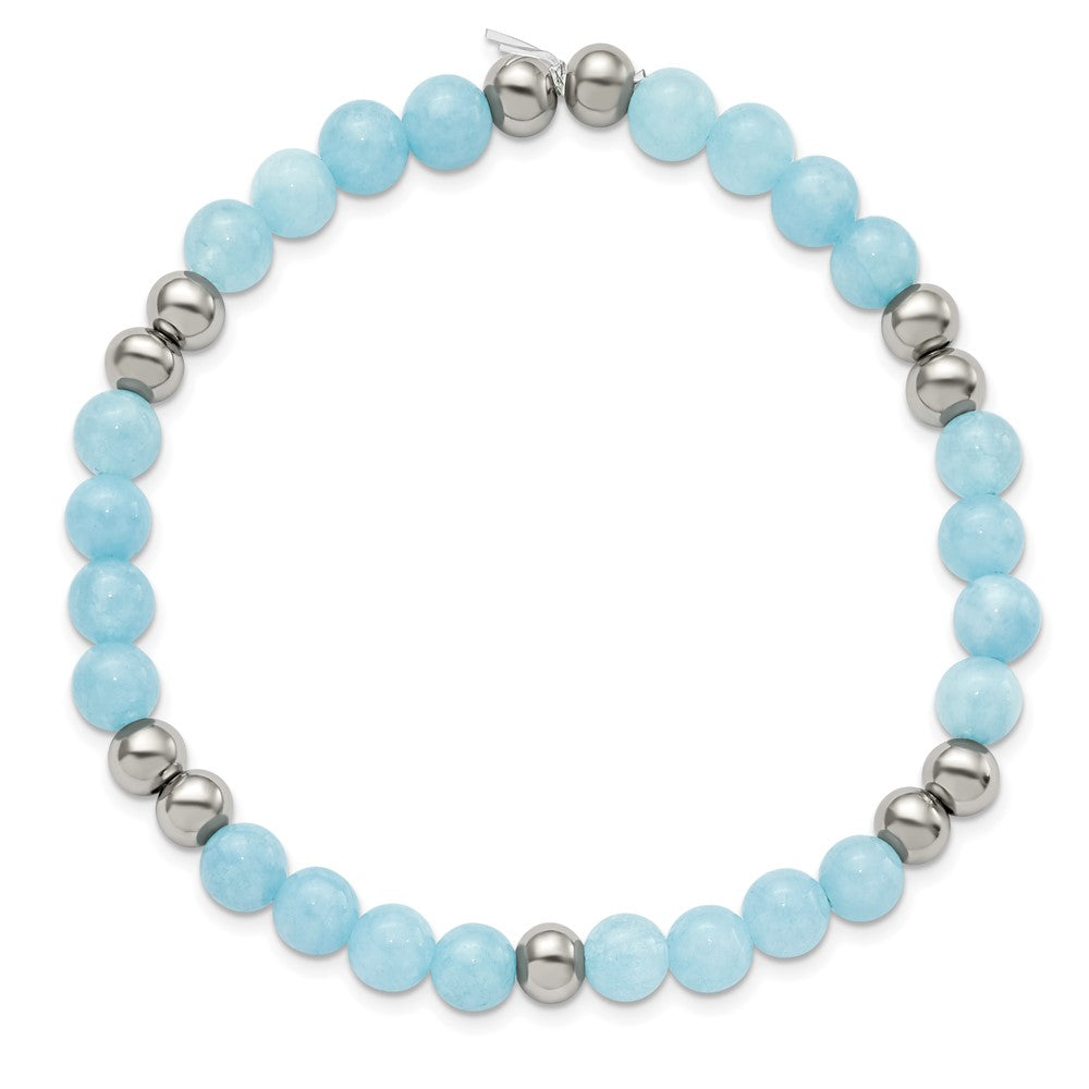 Stainless Steel Polished Blue Quartz Beaded Stretch Bracelet 7.25 inches