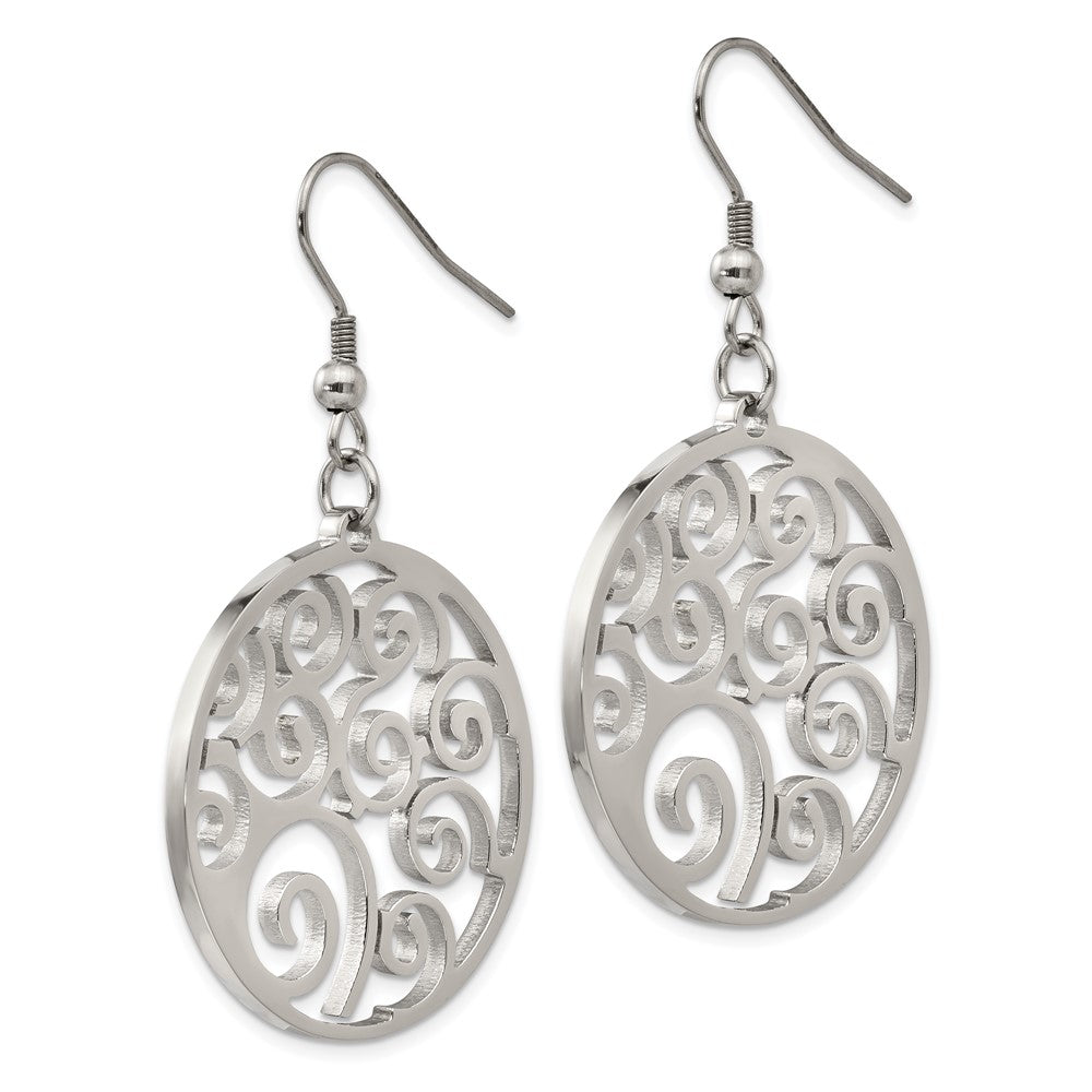 Stainless Steel Polished Fancy Swirl Cut out Dangle Shepherd Hook Earrings