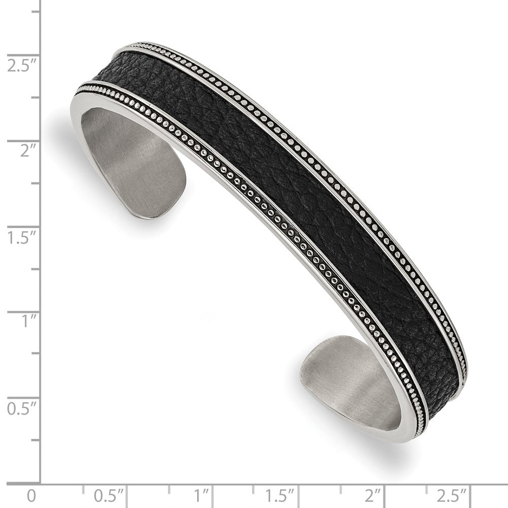 Stainless Steel Antiqued & Polished w/Textured Leather Inlay 12mm Bangle 7.25 inches