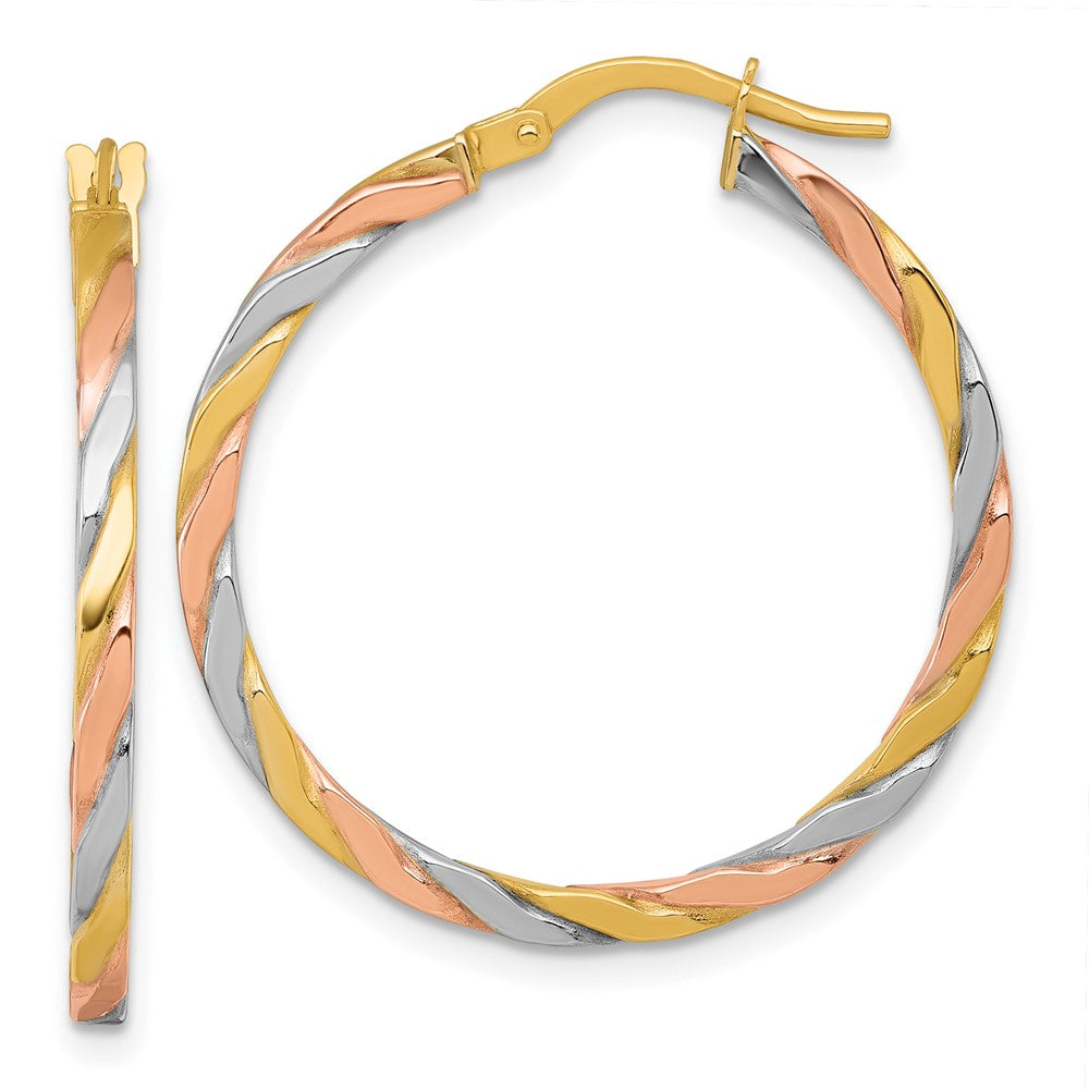 10K with Rose and White Rhodium Polished Twisted 2.00 x 28mm Tube Hoop Earrings