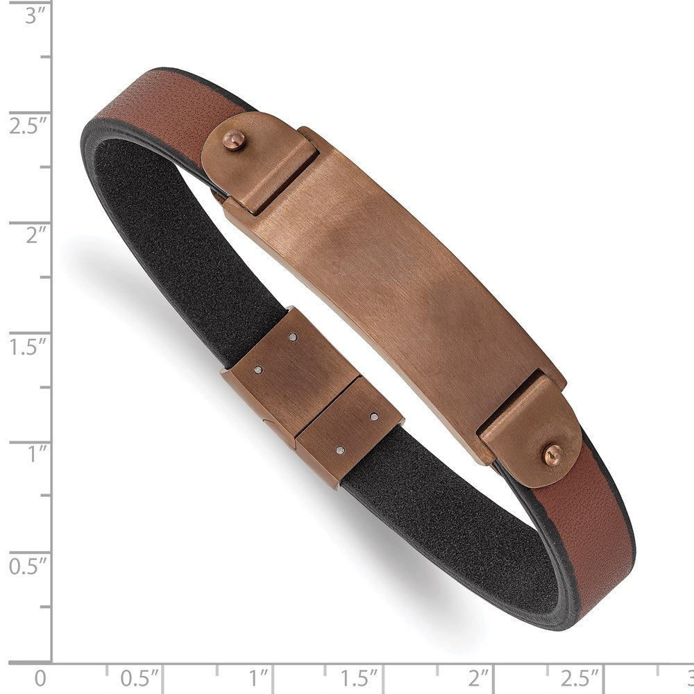 Stainless Steel Brushed Brown IP-plated Brown Leather 8.5in ID Bracelet 8.5 inches