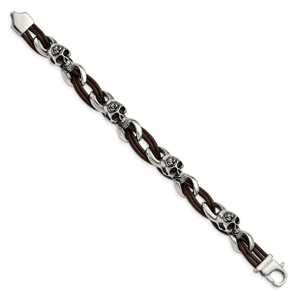 Stainless Steel Antiqued & Polished Skulls/Roses Brown Leather Bracelet 8 inches
