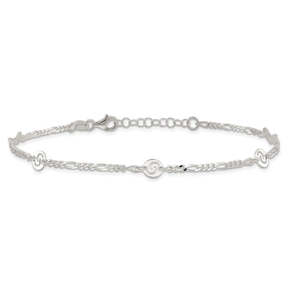 Sterling Silver Polished Swirl Disc 9in Plus 1in ext. Anklet 9 inches