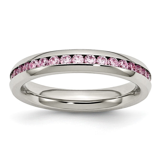 Stainless Steel Polished 4mm October Pink CZ Ring Size - 9