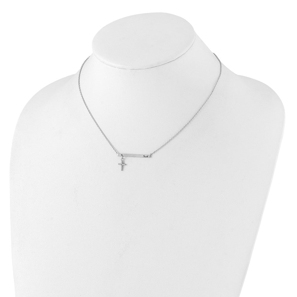 Sterling Silver RH-plated CZ Cross Black Enamel FAITH Bar Necklace 16 Inches