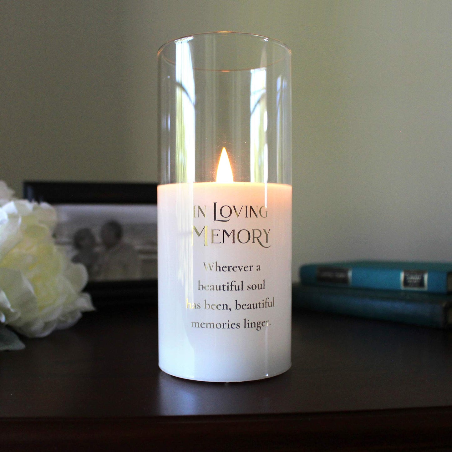 Lillian Rose Loving Memory Glass LED Candle with Sympathy Verse, 7", Off white