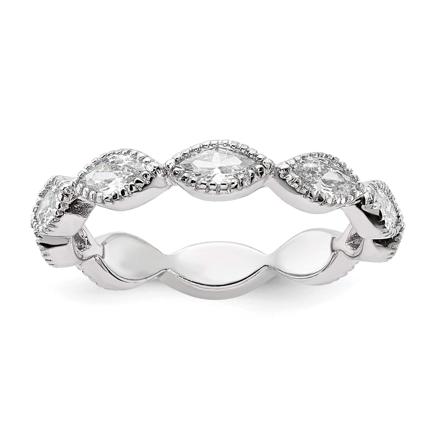 Cheryl M Sterling Silver Rhodium-plated Polished and Beaded Navette CZ Ring