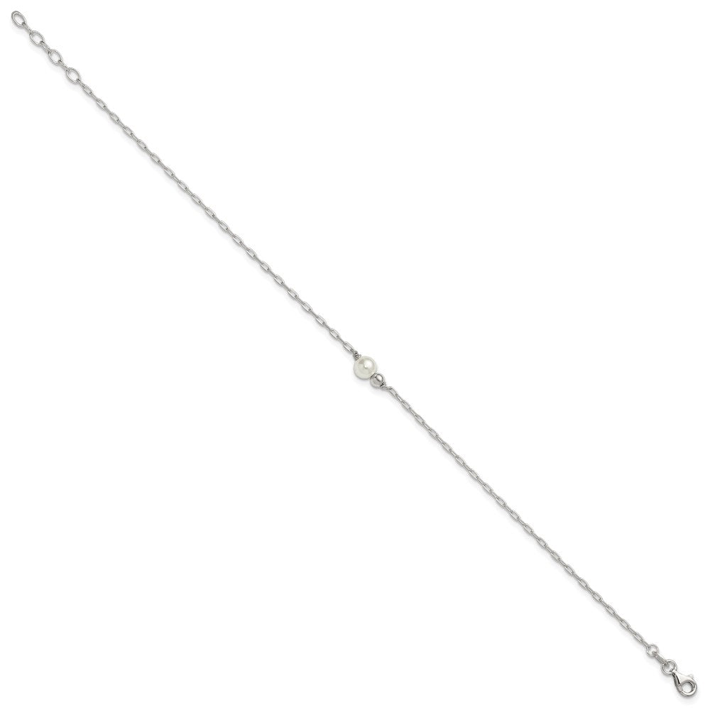 Sterling Silver Polished Bead and Glass Pearl 9 inch with 1 inch Extension Anklet