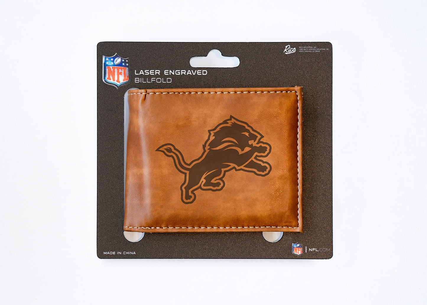 Detroit NFL Lions Laser Engraved Brown Billfold Wallet