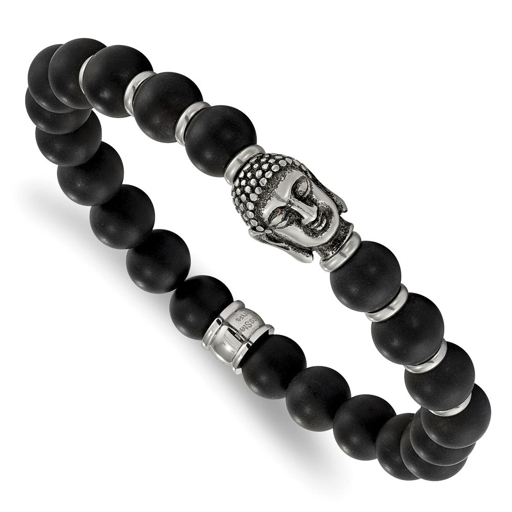 Stainless Steel Antiqued Buddha Black Agate Beaded Stretch Bracelet 7.25 inches