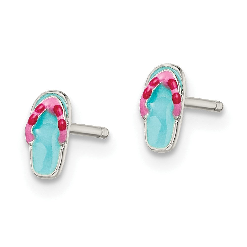 Sterling Silver Polished Teal & Pink Enameled Flip Flop Children's Post Earrings