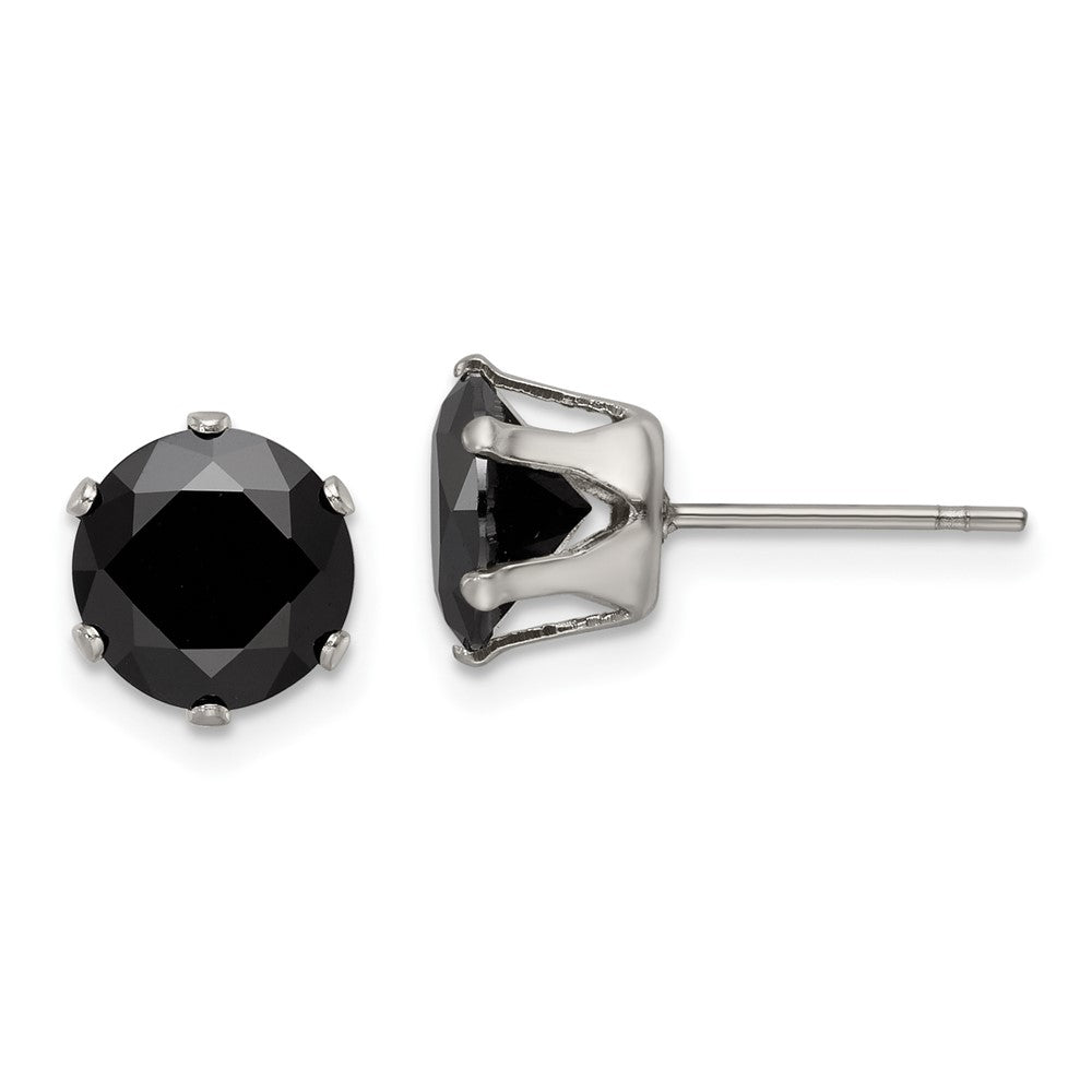 Stainless Steel Polished 8mm Black Round CZ Stud Post Earrings
