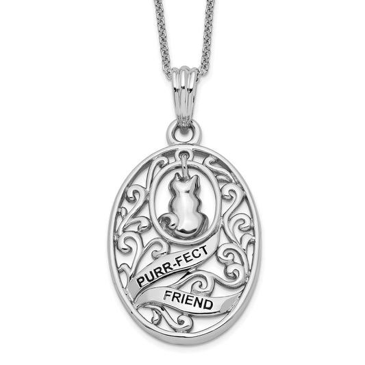 Sentimental Expressions Sterling Silver Rhodium-plated Antiqued Animal Friends-Cat 18in Necklace 18 Inches