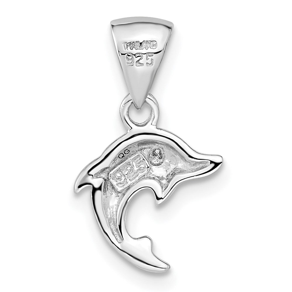 Sterling Silver RH-plated Polished CZ Dolphin Pendant