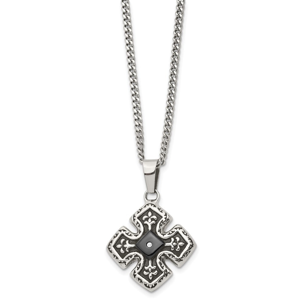 Stainless Steel Polished Black IP-plated w/CZ Celtic Cross 20in Necklace