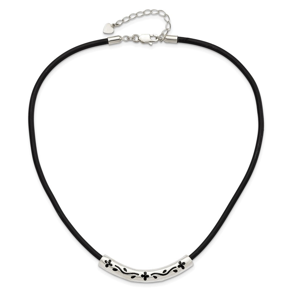 Sterling Silver Enameled & Satin Floral Bar on Black Rubber Cord Necklace