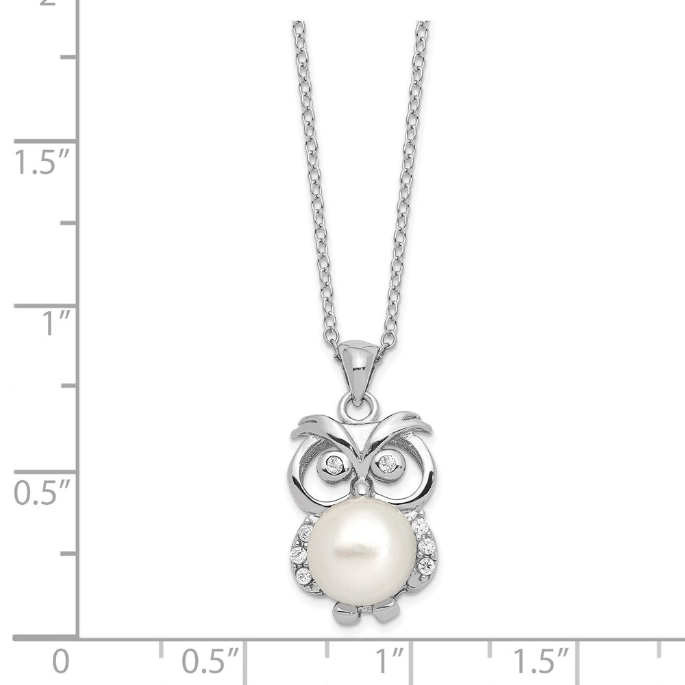 Sterling Silver Rhodium-plated 8-9mm White Button Freshwater Cultured Pearl and CZ Owl 17 inch Necklace 17 Inches