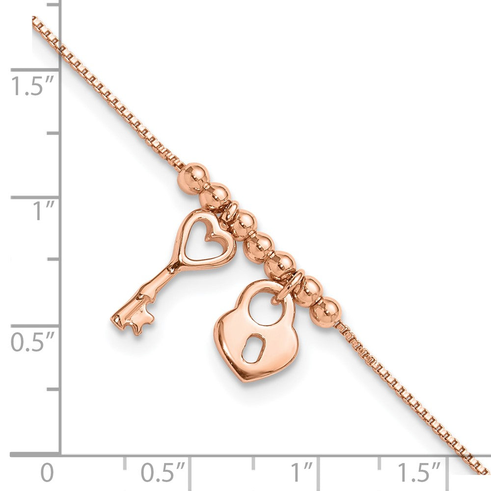 Sterling Silver Rose-tone Polished Heart Lock with 1in ext Anklet 9 inches