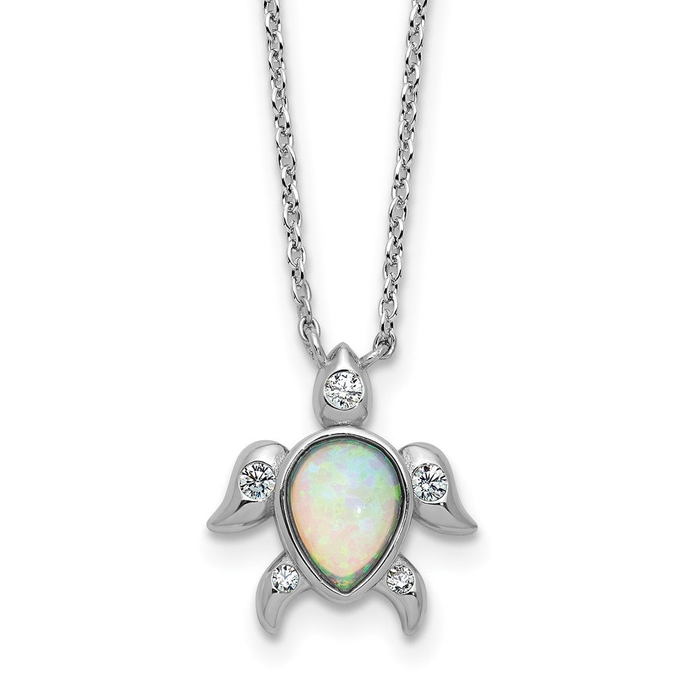 Cheryl M Sterling Silver Rhodium-plated Polished Lab Created Opal and CZ Turtle Necklace 18 Inches