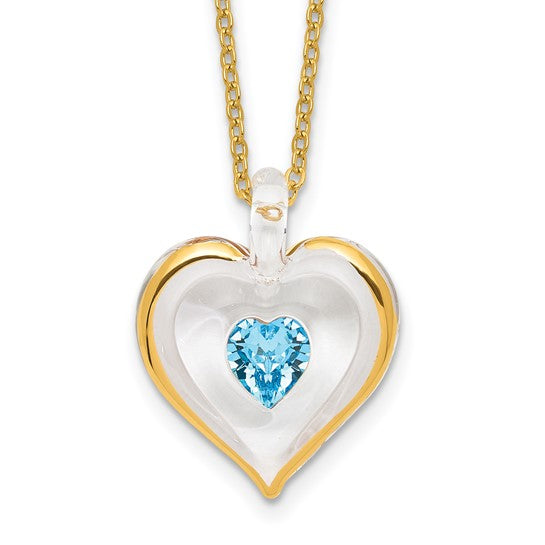 Glass Baron 22K Accent Gilding Gold-trim Glass with Blue March Birthstone Crystal from Swarovski Heart 18 inch Gold-tone Necklace GM9402