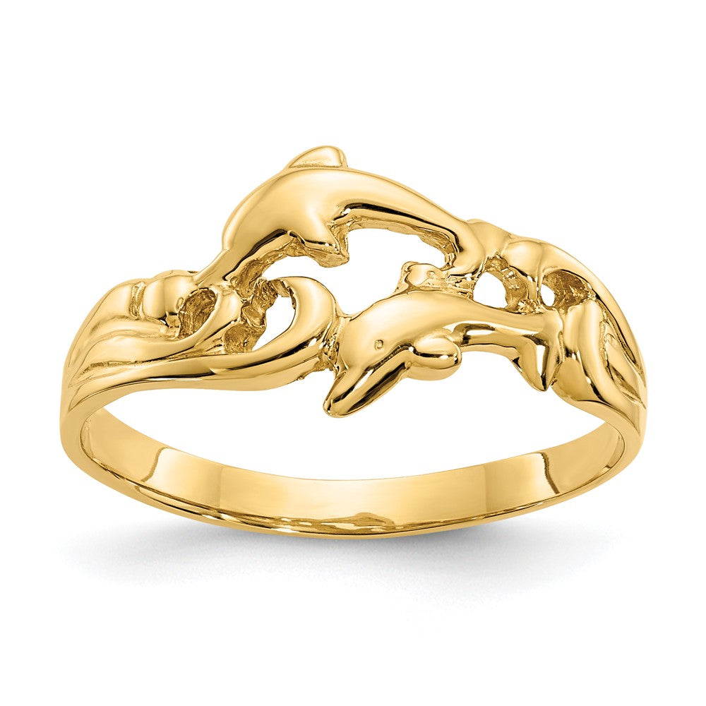 14K Double Dolphins with Waves Ring Size 6.5