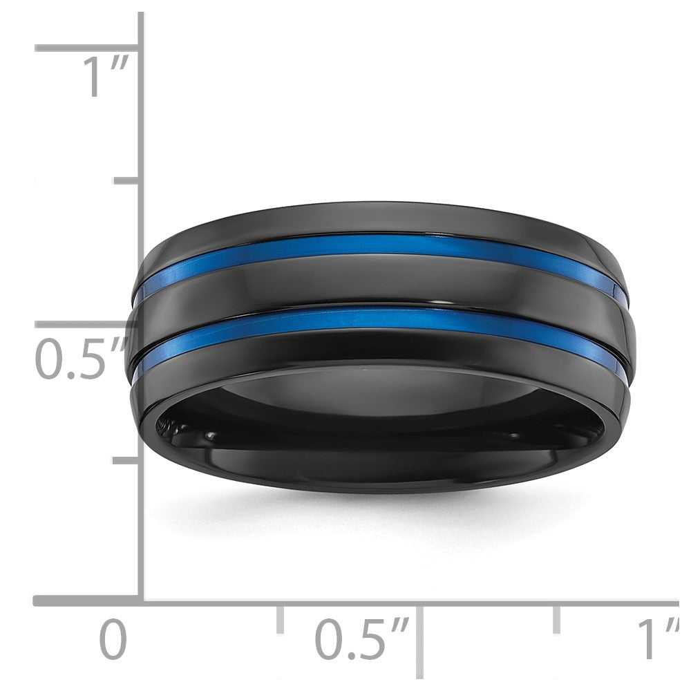 Chisel Black Zirconium Polished with Blue IP-plated Stripes 8mm Band Size - 8