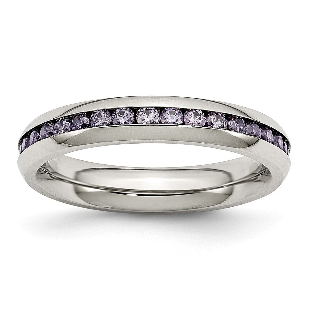 Stainless Steel Polished 4mm February Purple CZ Ring Size - 8