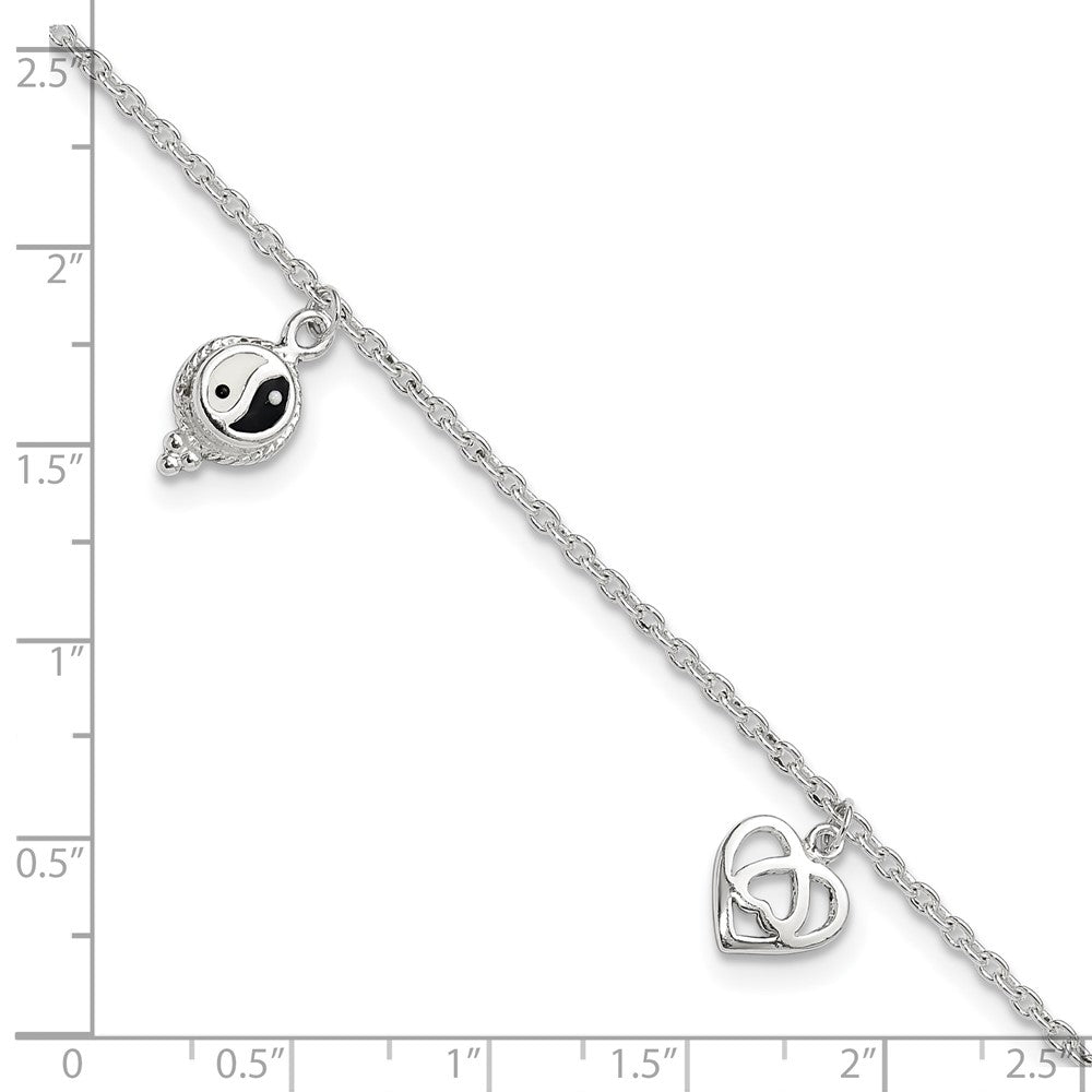 Sterling Silver Polished Hearts and Peace Sign 8in Plus 1in Ext Anklet 9 inches