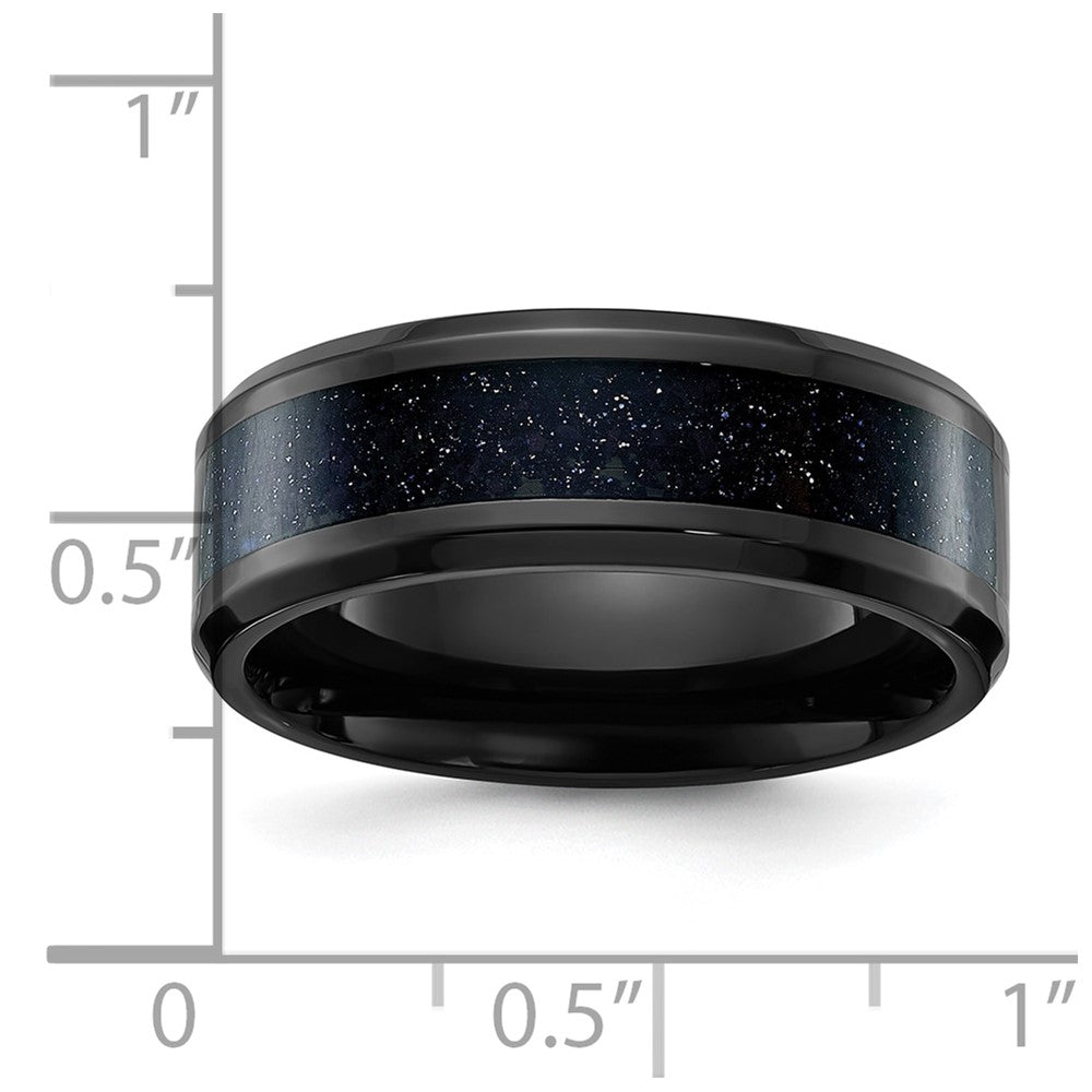 Chisel Titanium Polished Black IP-plated with Blue Star Sandstone Inlay Center 8mm Band Size - 12.5