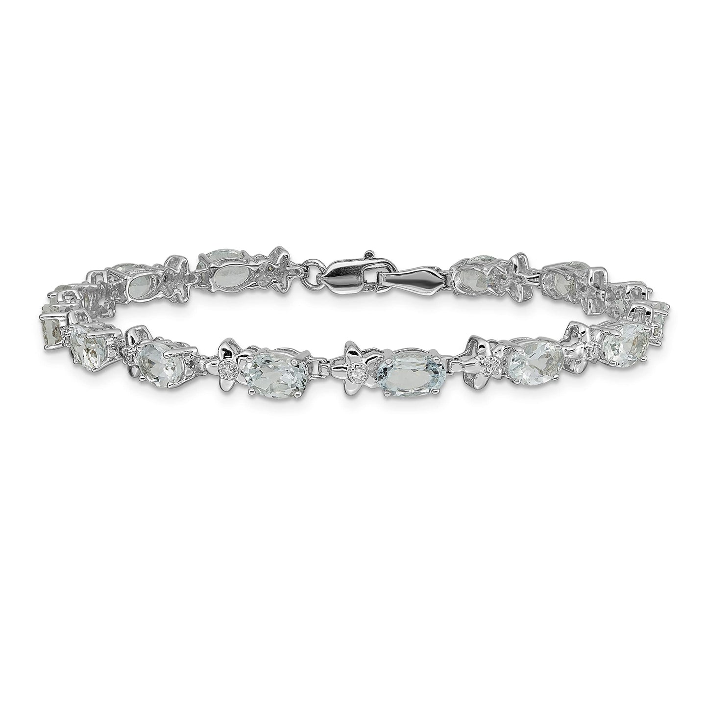 14k White Gold Complete Diamond and Oval Aquamarine Floral 7 inch Bracelet