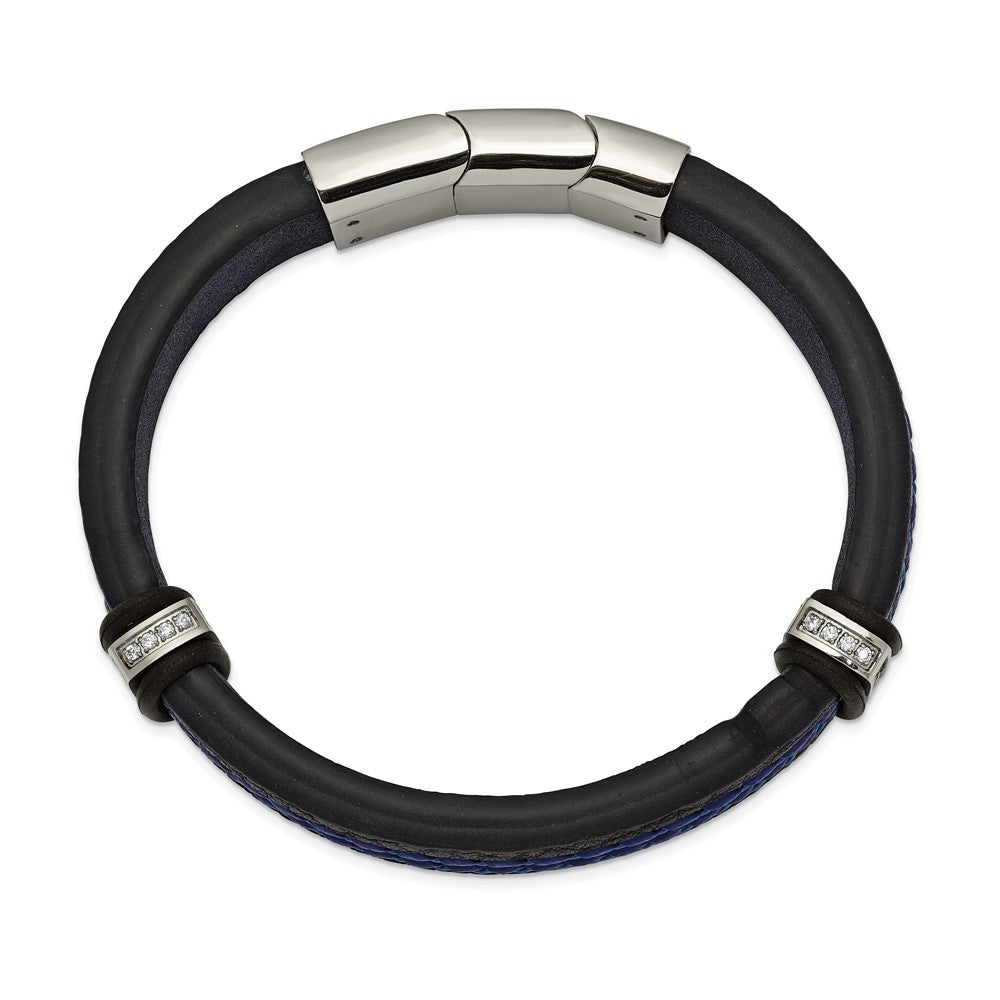 Stainless Steel Polished Blue Leather w/CZ 8in w/.5in ext. Bracelet 8 inches