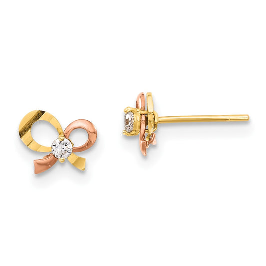 14K Two-tone Madi K Polished & D/C CZ Bow Post Earrings