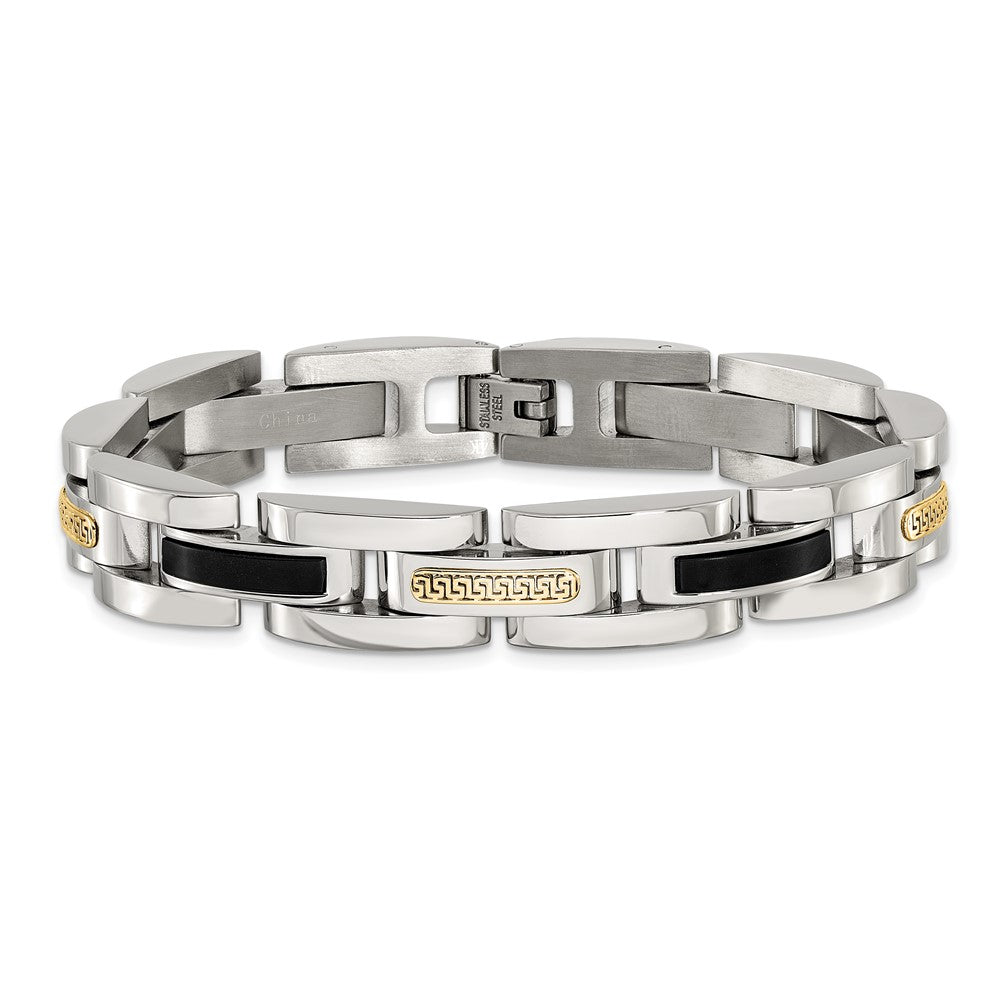 Chisel Stainless Steel Polished with 14K Gold Accent and Onyx 8.25 inch Link Bracelet 8.25 inches