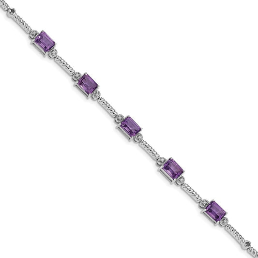 Sterling Silver Rhodium-plated Amethyst & Diamond Tennis Bracelet 7.5 inches