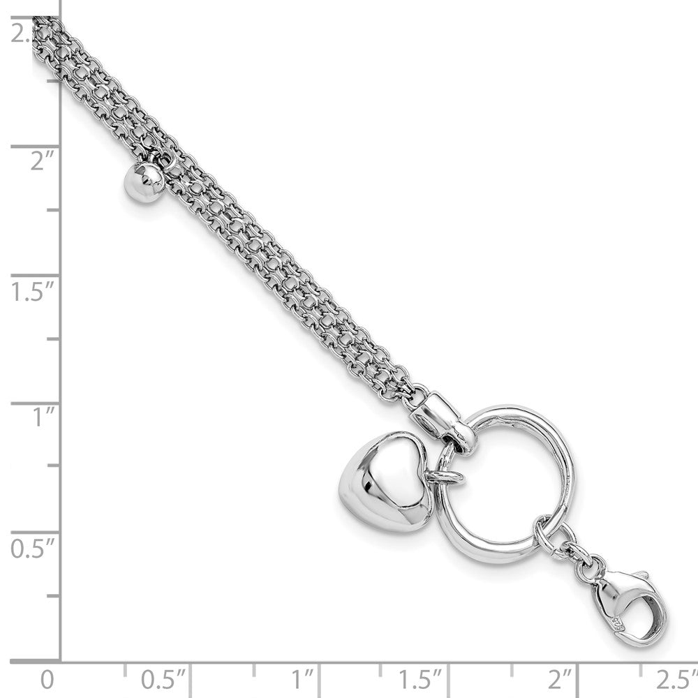 Sterling Silver Rh-plated Heart 3-strand w/ 1in ext. Bracelet 7  inches