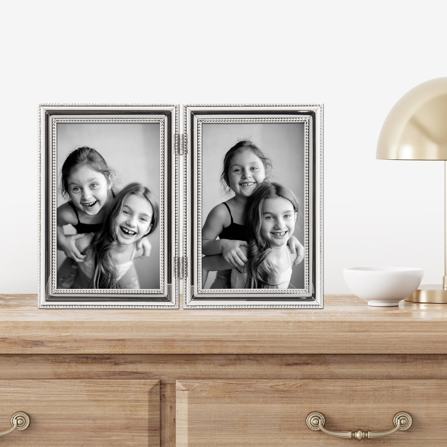 Lawrence Frames 4x6 Hinged Double (Vertical) Metal Picture Frame Silver-Plate with Delicate Beading