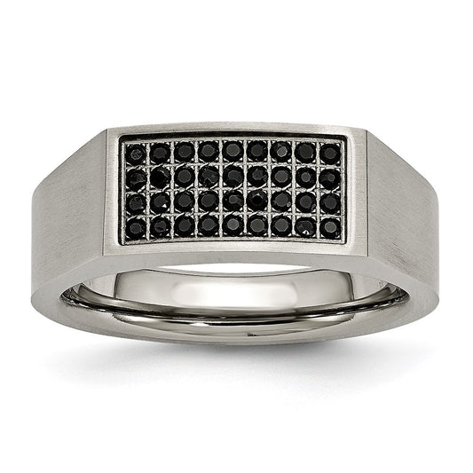 Titanium Brushed and Polished Black CZ Signet Ring Size - 12