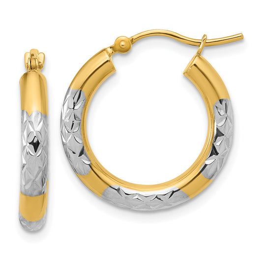 10K with Rhodium Diamond Cut 3mm Hoop Earrings