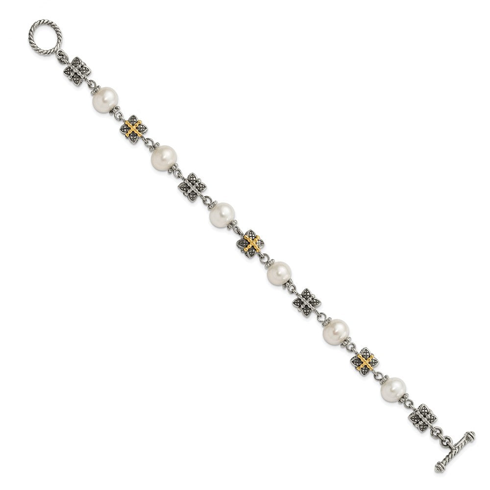 Sterling Silver w/ 14ky Accent Polished & Antiqued Freshwater Cultured Pearl Bracelet