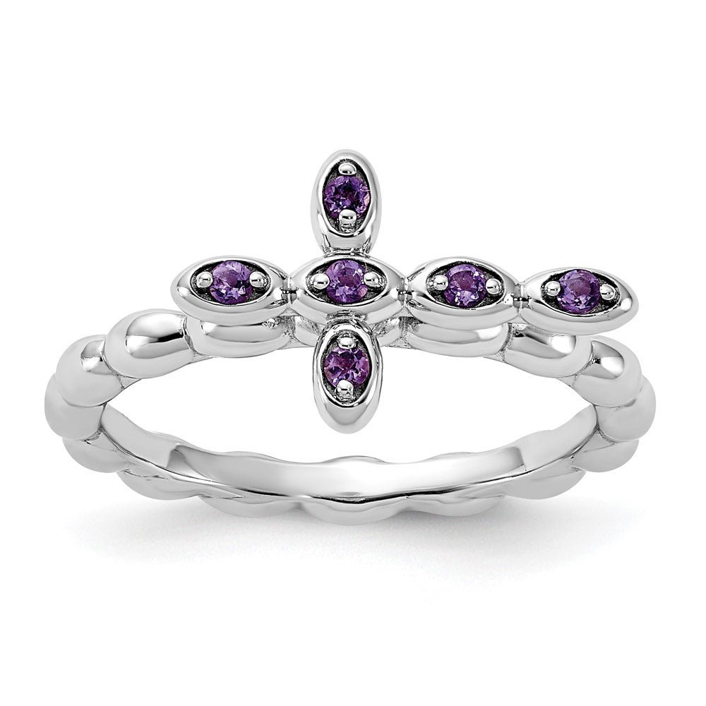 Sterling Silver Stackable Expressions Rhodium-plated Amethyst Cross Ring Size -10